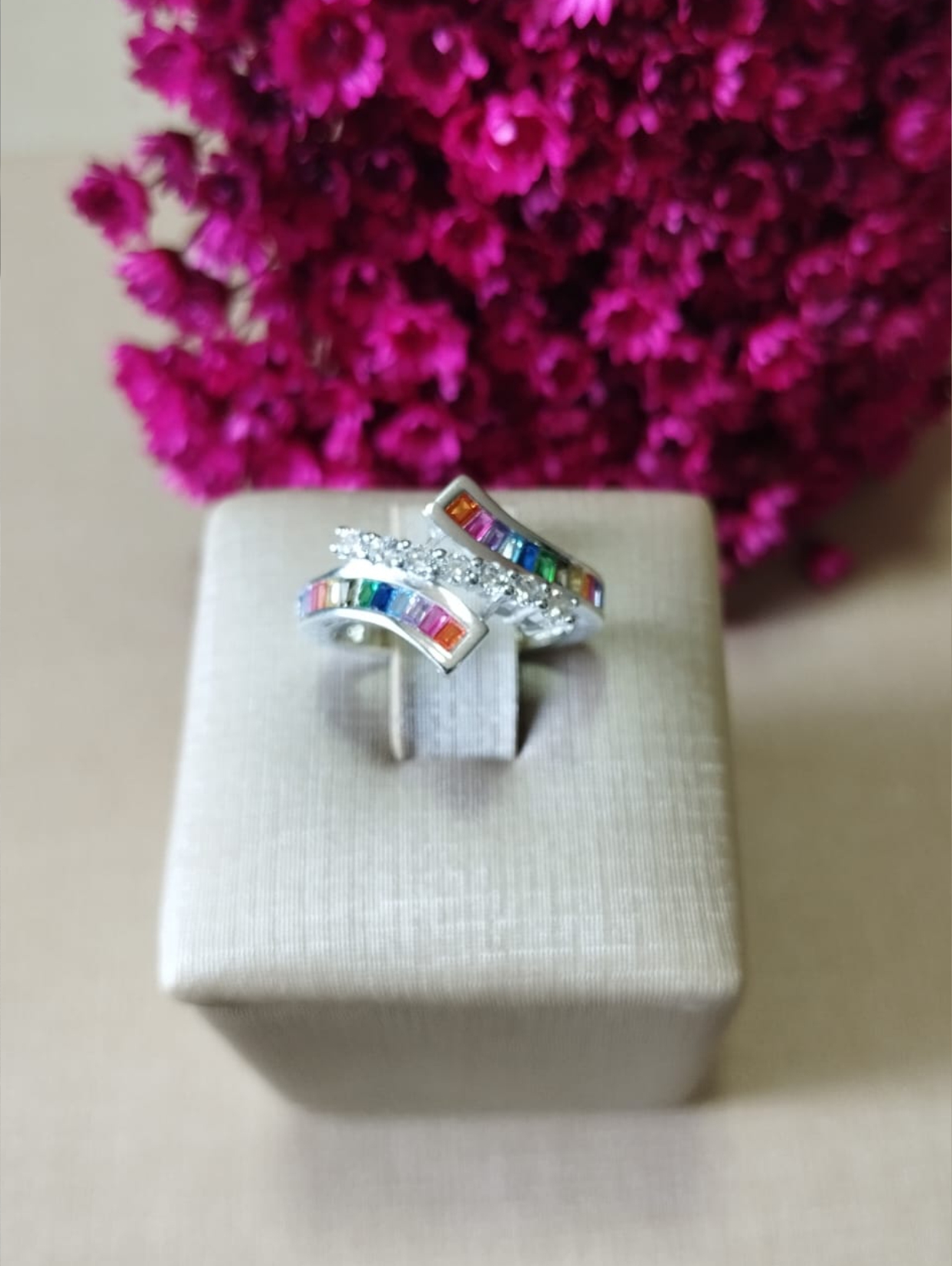 Anel Zircônia Colorida Com Zircônia Cristal Luxo em Prata 925